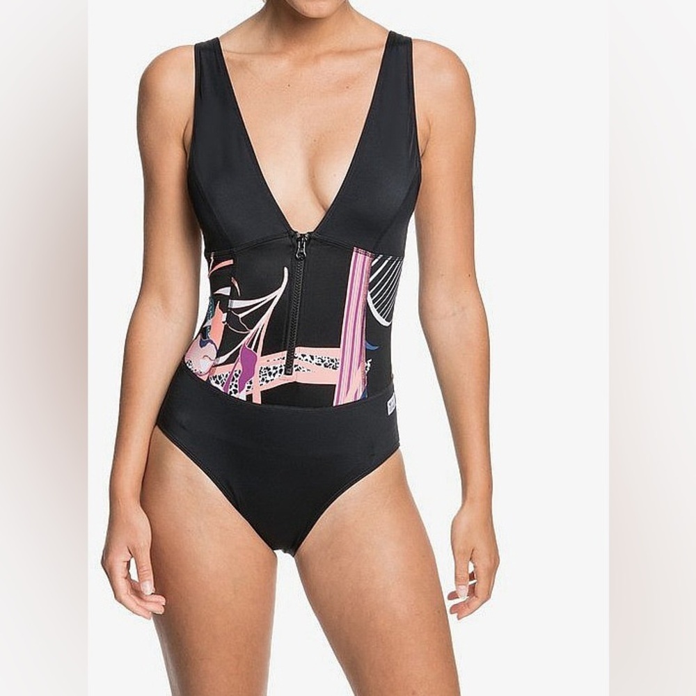 Roxy Black One-Piece Swimsuit with Pink Print